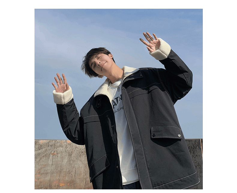 商品[国内直发] ROBINHOOD|罗宾汉休闲时尚男女同款羊羔绒外套-R023W8325-黑色,价格¥281,第3张图片详细描述