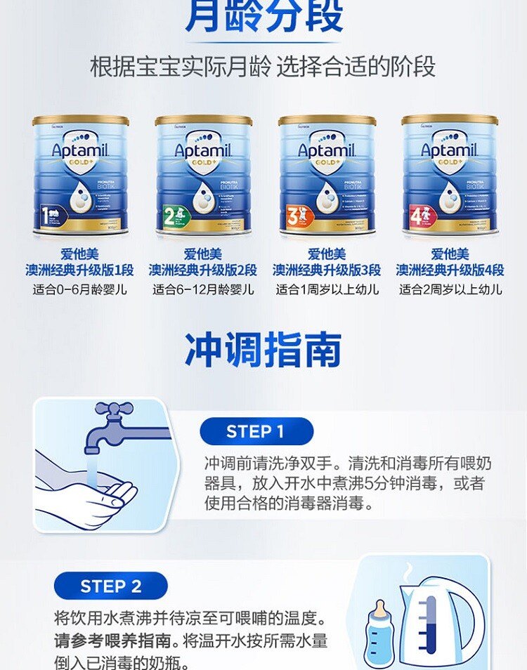 商品Aptamil|澳洲Aptamil爱他美金装1段奶粉(0-6个月) 900g/罐 新旧版本随机发（保税仓发货）（预售3个工作日内发货）,价格¥352,第6张图片详细描述