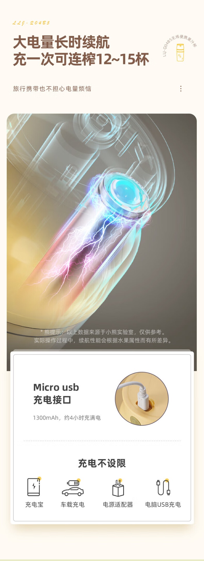 商品[国内直发] Bear|小熊（Bear） 便携式榨汁杯 300ML 38秒榨汁 304不锈钢双刀 自动清洗 大容量电池 LLJ-Q04B5,价格¥210,第9张图片详细描述