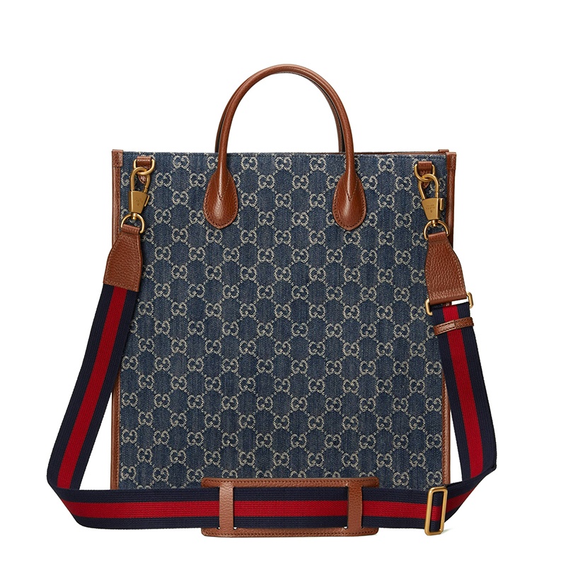 商品Gucci|【现货】古驰 22春夏新款 男士中号蓝色/象牙白老花帆布棕色皮革细节配可拆卸肩带单肩手提托特包6741552KQQT8391,价格¥10917,第4张图片详细描述