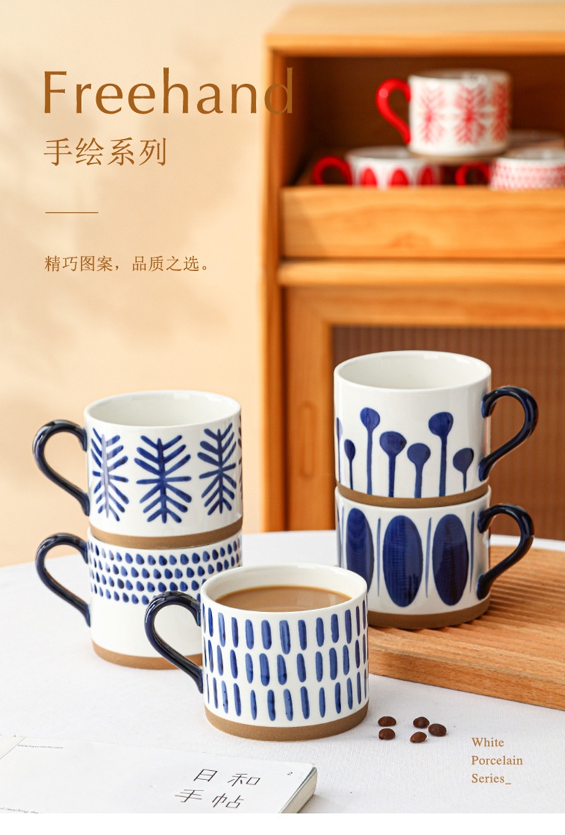 商品[国内直发] YeeCollene|复古手绘粗陶马克杯ins釉下彩中式咖啡杯个性小众陶瓷燕麦杯水杯,价格¥90,第1张图片详细描述