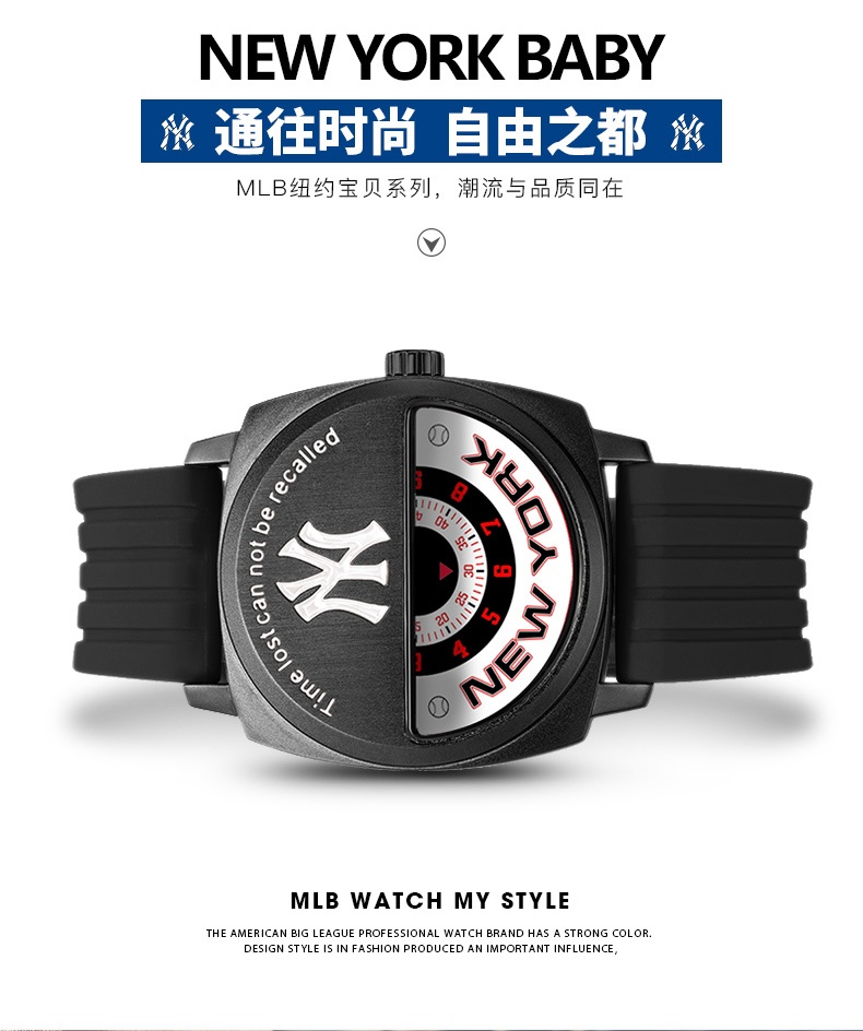 商品[国内直发] MLB|MLB美职棒 纽约街头嘻哈 时尚潮流硅胶情侣石英手表YH009,价格¥586,第2张图片详细描述
