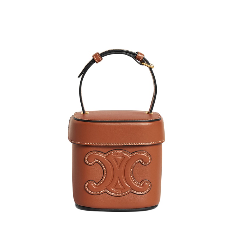 商品Celine|CELINE/赛琳 22春夏新款BOX TRIOMPHE系列 女士小号黄褐色小牛皮凯旋印花金扣手提单肩盒子包,价格¥10118,第2张图片详细描述