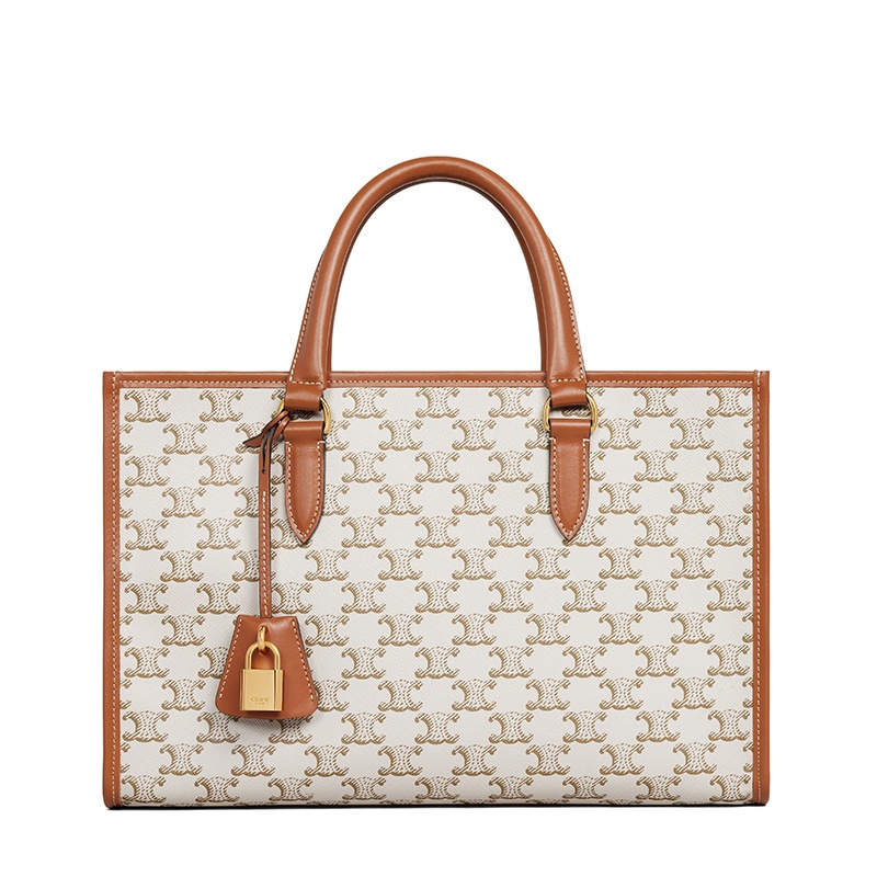 商品Celine|【包税】CELINE/赛琳 22新款 女士迷你款白色老花帆布棕褐色皮革饰边横款单肩手提托特包199742BZJ.01BC,价格¥12859,第2张图片详细描述
