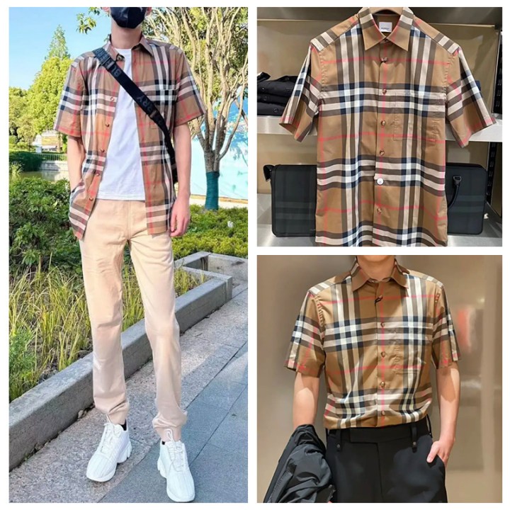商品Burberry|Burberry/博柏丽男士灰褐色棉格纹休闲单排扣短袖衬衫,价格¥1560,第3张图片详细描述