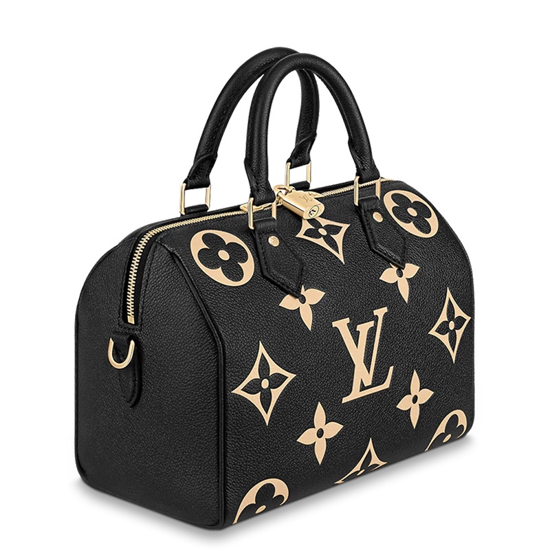 商品Louis Vuitton|预售十天 Louis Vuitton/路易威登 22春夏新款SPEEDY 25系列 女士黑色压纹粒面牛皮老花压花金扣单肩斜挎手提包M58947,价格¥20460,第4张图片详细描述