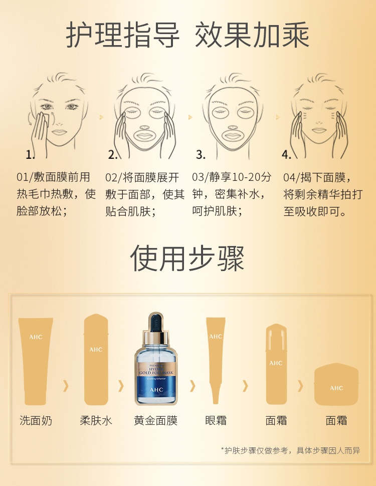 商品[国内直发] AHC|韩国AHC黄金B5玻尿酸蒸汽面膜黄金滋养补水保湿焕活肌底光滑紧实肌肤水润光泽收紧毛孔 5片/盒,价格¥84,第4张图片详细描述