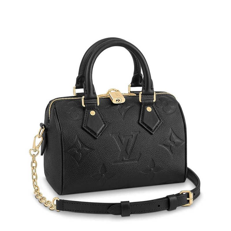 商品Louis Vuitton|预售十天 Louis Vuitton/路易威登 22春夏新款SPEEDY 20系列 女士黑色老花压纹粒面牛皮革金扣金锁配可拆卸链条皮革肩带单肩斜挎手提链条包M58953,价格¥18774,第2张图片详细描述