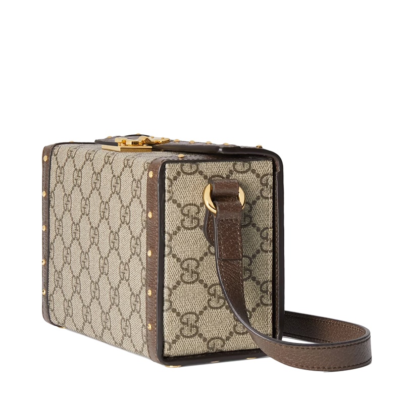 商品Gucci|预售1-2周 GUCCI/古驰 男女同款经典米色双G老花帆布棕色皮革滚边方形翻盖斜挎单肩手机包,价格¥10683,第3张图片详细描述
