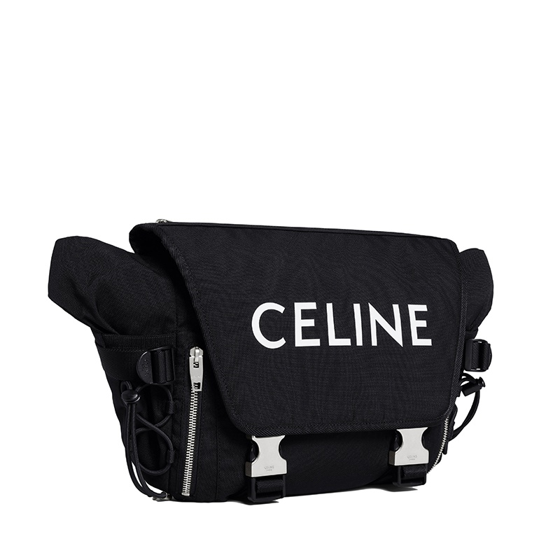 商品Celine|CELINE/赛琳 22春夏新款 男士中号白色CELINE印花黑色锦纶翻盖徒步斜挎单肩邮差包,价格¥11739,第3张图片详细描述