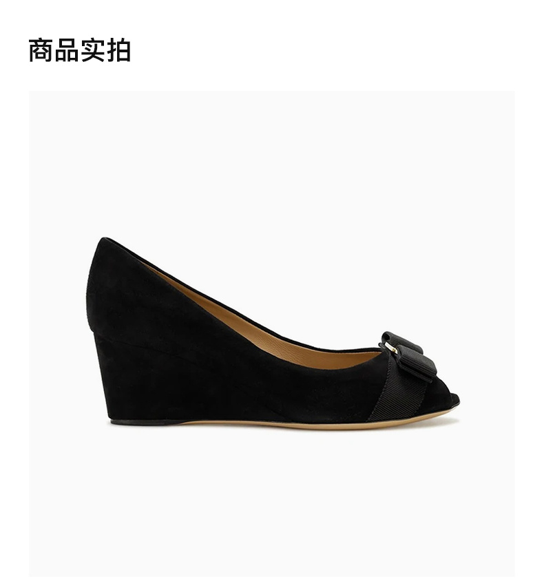 商品[国内直发] Salvatore Ferragamo|SALVATORE FERRAGAMO 女士黑色绒面革坡跟高跟鞋 0539743,价格¥3391,第4张图片详细描述