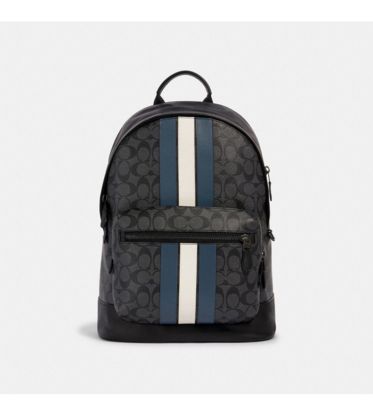 商品[国内直发] Coach|COACH蔻驰  West 35 经典老花蓝白条纹大容量 帆布配皮 书包背包双肩�包 大号 男款 3001QBOH0,价格¥2044,第5张图片详细描述