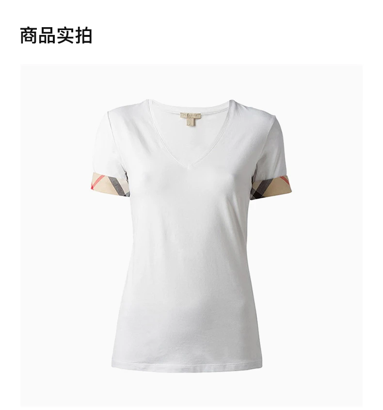 商品[国内直发] Burberry|Burberry 博柏利 女士白色棉质V领短袖T恤 3927203,价格¥1079,第4张图片详细描述