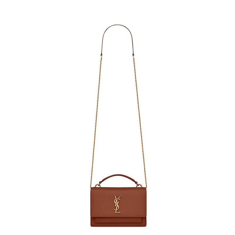 商品Yves Saint Laurent|SAINT LAURENT PARIS/圣罗兰 YSL 22春夏新款SUNSET系列 女士深太妃糖色光滑小牛皮金扣金链翻盖开合单肩斜跨手提链条包,价格¥13424,第2张图片详细描述
