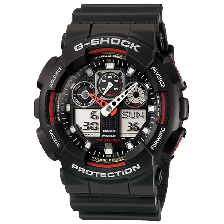 商品[国内直发] Casio|卡西欧（CASIO）男表G-SHOCK运动手表黑武士防水防震黑金腕表学生电子表大表盘双显情侣石英表 潮酷红黑 GA-100-1A4-黑红拼色-GA-100-1A4,价格¥857,第3张图片详细描述