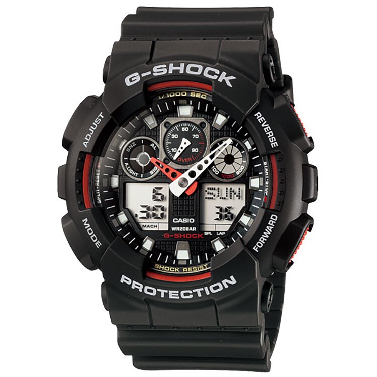 商品[国内直发] Casio|卡西欧（CASIO）男表G-SHOCK运动手表黑武士防水防震黑金腕表学生电子表大表盘双显情侣石英表 潮酷红黑 GA-100-1A4-黑红拼色-GA-100-1A4,价格¥871,第3张图片详细描述