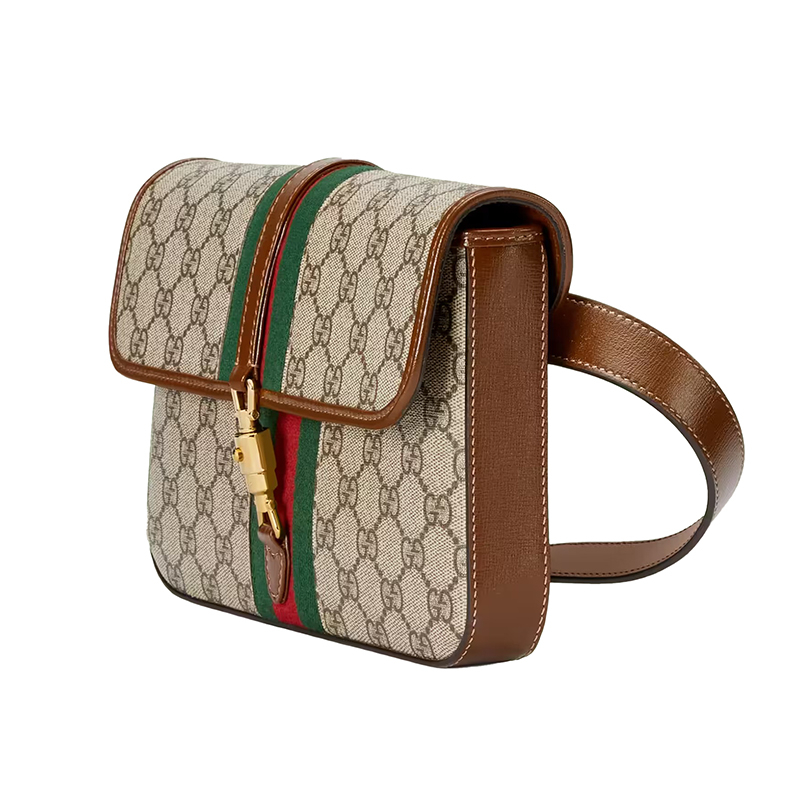 商品Prada|GUCCI/古驰 22新款 Jackie 1961系列 女士米色/乌木色老花帆布棕色皮革绿红色条纹金色饰面翻盖腰包699930HUHHG8565,价格¥15481,第3张图片详细描述
