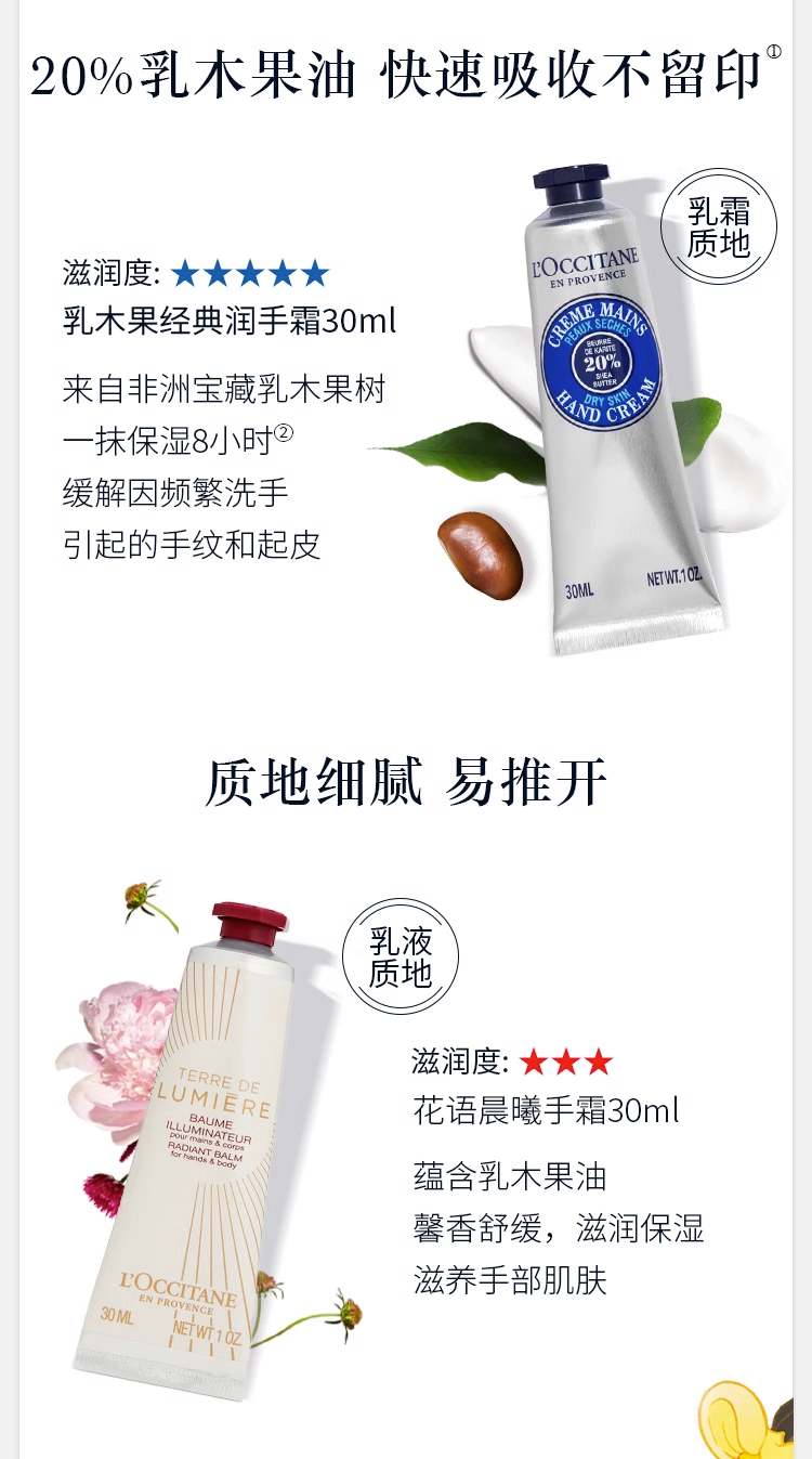 商品[国内直发] L'Occitane|法国欧舒丹护手霜10ml乳液质地经典乳木果甜蜜樱花星河夜樱沐浴露泡沫绵密,价格¥33,第3张图片详细描述