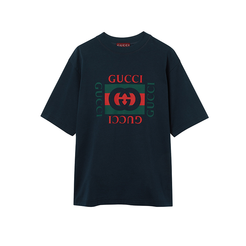 商品Gucci|GUCCI/古驰24新款 男士海军蓝棉质圆领落肩双G印花T恤,价格¥3639,第2张图片详细描述