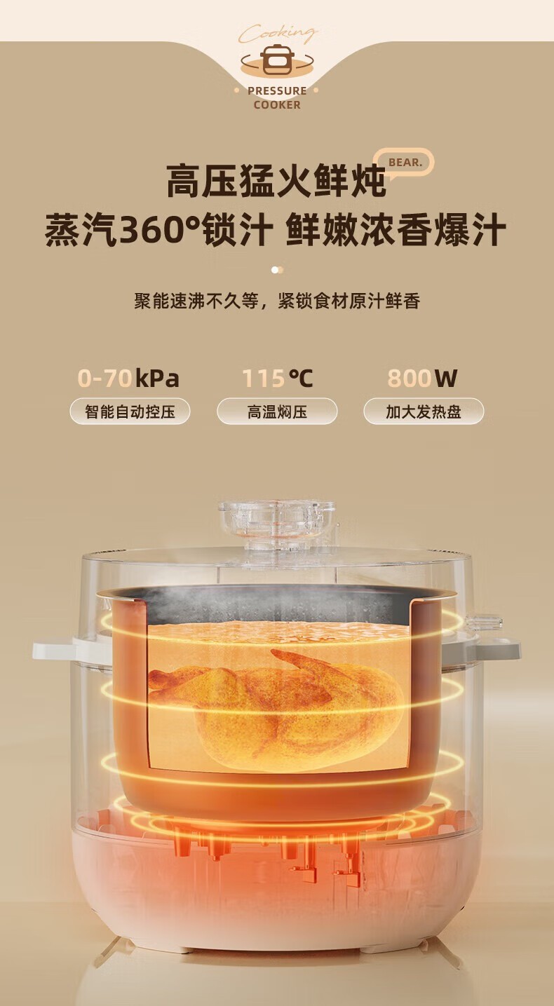 商品[国内直发] Bear|小熊Bar（Bear）电压力锅 4L家用大容量多功能高压锅 不粘内胆可开盖煮智能压力锅 YLB-C40Y5,价格¥531,第4张图片详细描述