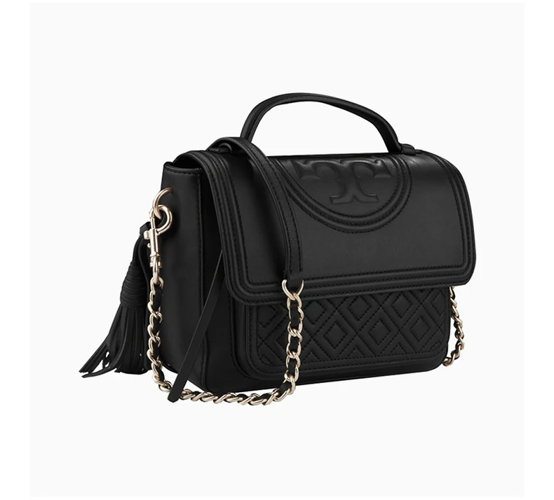 商品Tory Burch|Tory Burch 汤丽柏琦 女士黑色菱格流苏羊皮小号单肩手提包 45147-001,价格¥3236,第1张图片详细描述