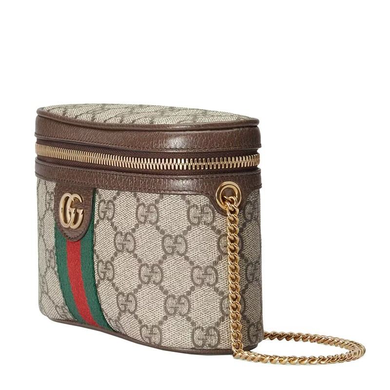 商品Gucci|GUCCI/古驰 22新款Ophidia系列 女士乌木色/米色老花印花帆布棕色皮革滚边金扣饰红绿织带细节多功能链条包单肩包手拿包腰包69976596IWG8745,价格¥8748,第4张图片详细描述