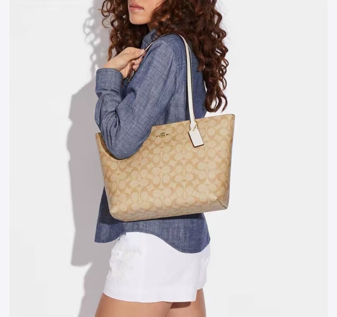 商品[国内直发] Coach|COACH蔻驰 Zip Top Tote 30 老花帆布配皮托特包Tote包购物袋单肩包 大号 女款 白色配棕色老花,价格¥1252,第7张图片详细描述