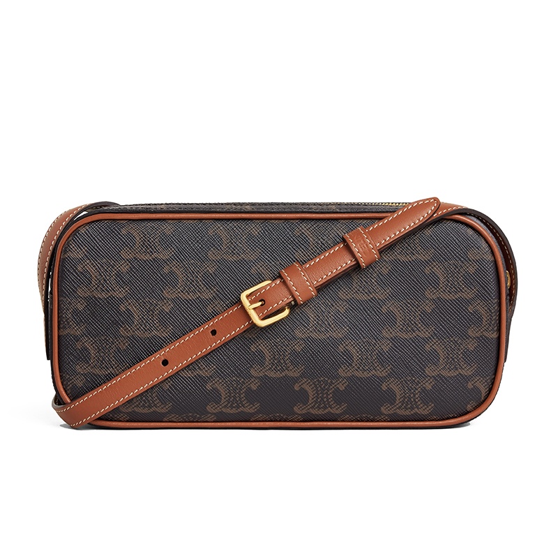 商品Celine|【包税】CELINE/赛琳 22新款CUIR TRIOMPHE TRIUMPH系列 女士迷你褐色帆布搭小牛皮拉链开合饰徽标单肩斜挎相机包10J582EGP.04LU,价格¥7134,第5张图片详细描述