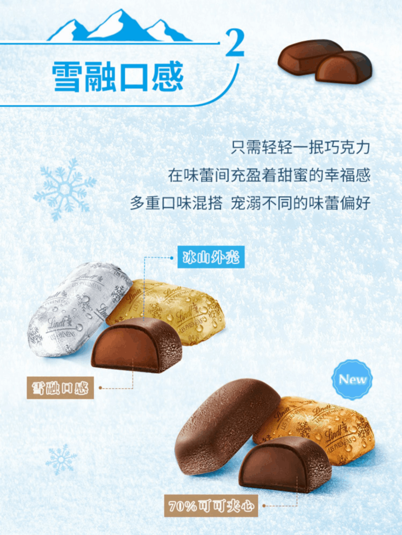 商品LINDT|Lindt瑞士莲 进口冰山雪融牛奶巧克力黑巧克力休闲零食,价格¥97,第4张图片详细描述