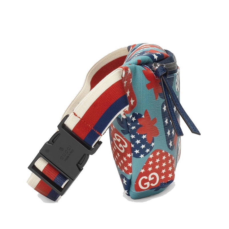 商品Gucci|GUCCI/古驰 儿童款浅蓝色红色拼色帆布草莓星星图案印花斜挎包腰包502095UR6AN4767,价格¥3609,第4张图片详细描述