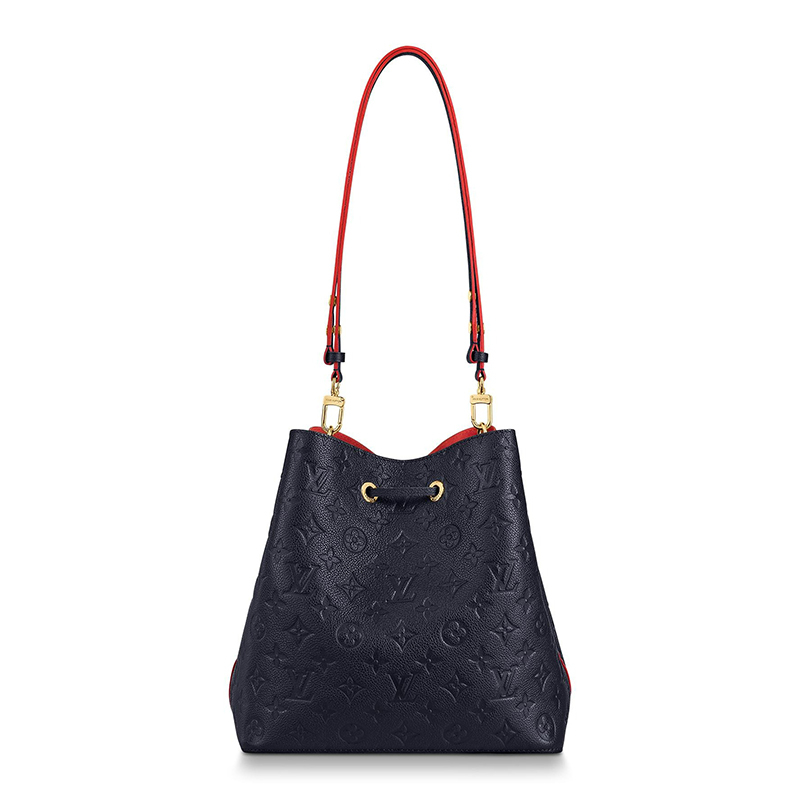 商��品Louis Vuitton|预售10天 Louis Vuitton/路易威登 22春夏新款NEONOÉ系列 女士中号海军蓝老花压纹牛皮革红色细节金扣配可拆卸肩带单肩斜挎手提抽绳水桶包M45306,价格¥19299,第4张图片详细描述