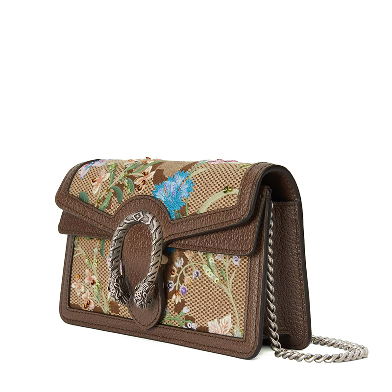 商品Gucci|【包税】GUCCI/古驰 22新款Dionysus系列 女士超迷你棕色帆布配皮饰有带亮片的花朵刺绣银扣银链单肩斜跨链条酒神包476432UKMMN2562,价格¥10584,第3张图片详细描述