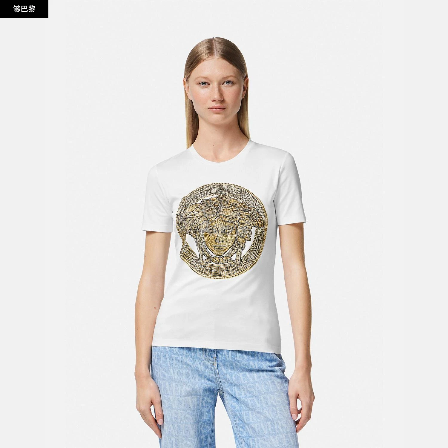商品Versace|【预售】 范思哲 25春夏 女士 短袖T恤 水晶La Medusa T恤 1011741-1A08607_2W110 ,价格¥11316,第5张图片详细描述