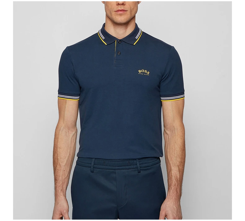商品Hugo Boss|HUGO BOSS 男士海军蓝色弧形徽标弹力珠地修身短袖Polo衫 PAUL-CURVED-50412675-401,价格¥605,第11张图片详细描述