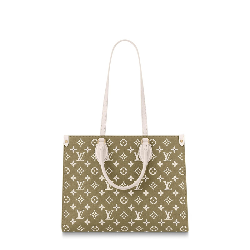 商品Louis Vuitton|预售10天 Louis Vuitton/路易威登 22春夏新款ONTHEGO系列 女士中号卡其绿/米色老花压印牛皮革饰可拆卸吊饰单肩斜挎手提托特包M46060,价格¥26926,第4张图片详细描述