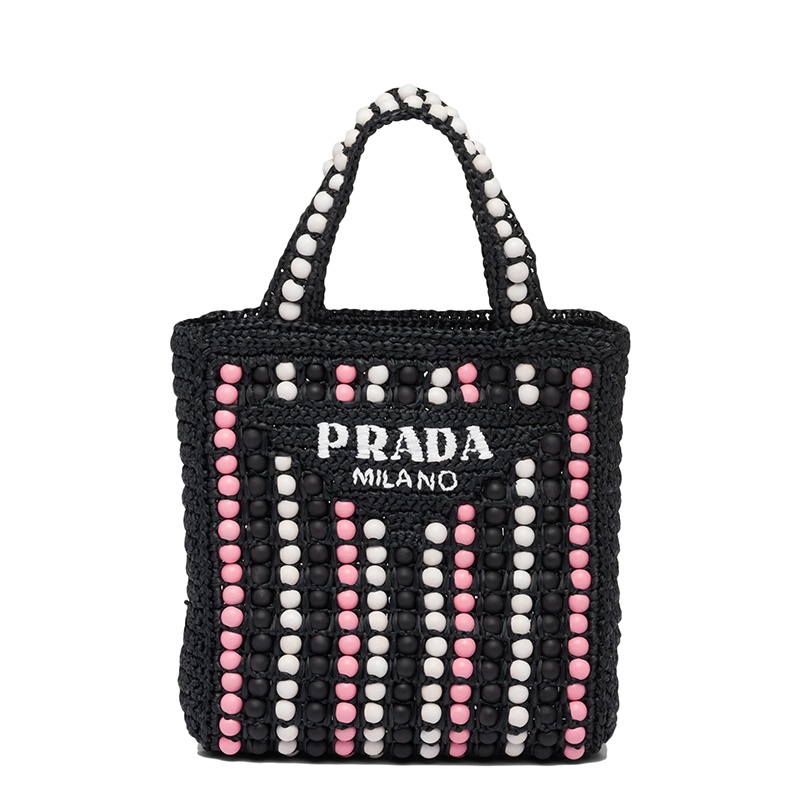 商品Prada|PRADA/普拉达 22新款 女士黑色酒椰纤维搭配彩色木质球串珠单肩手提托特包,价格¥12467,第2张图片详细描述