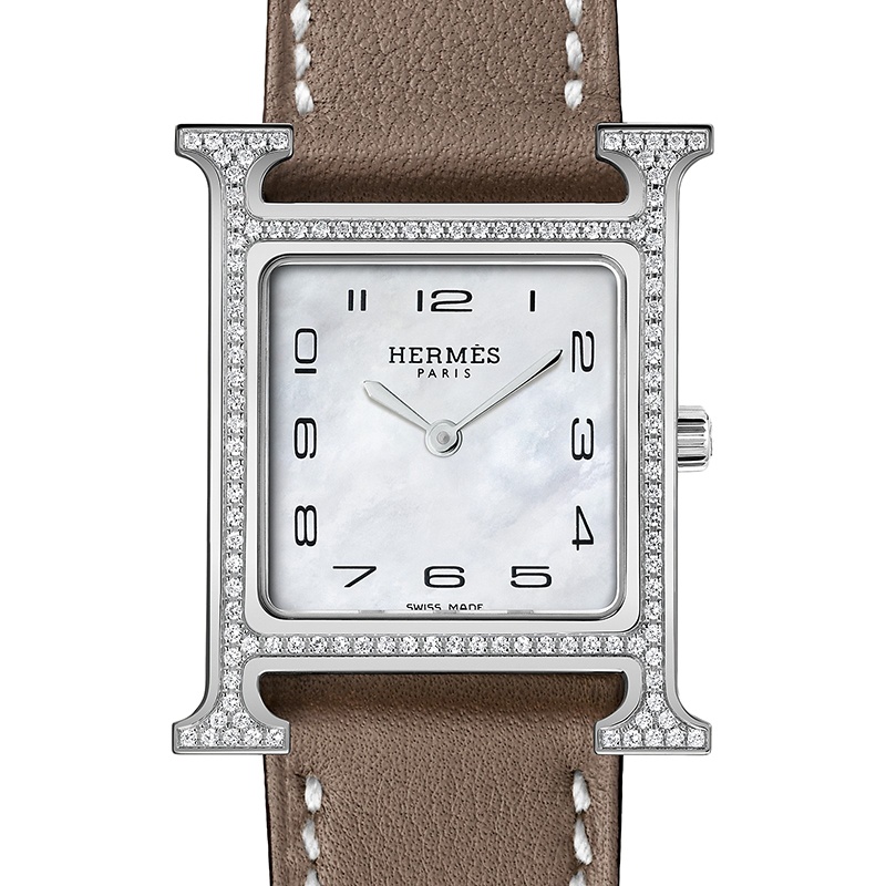 商品Hermes|爱马仕 HH小号系列女士灰褐色牛皮带宝石H盘腕表25mm W046512WW00,价格¥37947,第15张图片详细描述