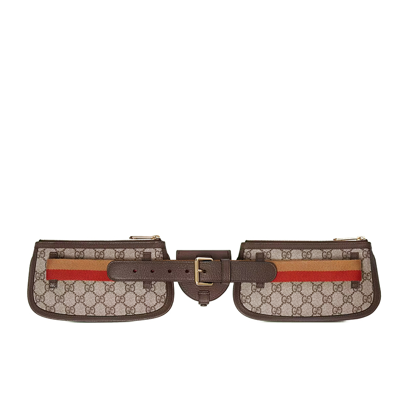 商品Gucci|GUCCI/古驰 22新款Blondie系列 男士迷你棕色帆布配皮橙红条纹绑带圆形金扣二合一腰包,价格¥15848,第4张图片详细描述