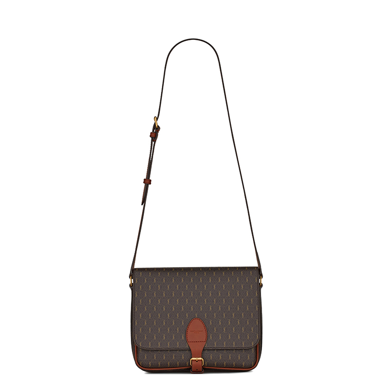 商品Yves Saint Laurent|SAINT LAURENT PARIS/圣罗兰 YSL 22春夏新款MONOGRAMME系列 男士中号板栗色帆布配光滑皮革金扣单肩斜挎邮差包,价格¥8967,第2张图片详细描述