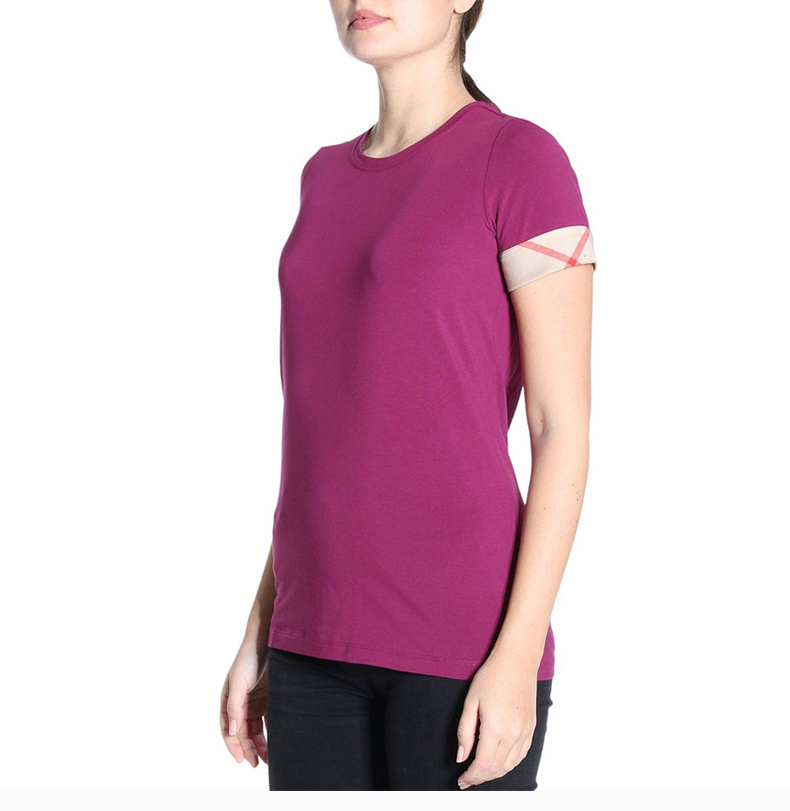商品Burberry|Burberry 博柏利 女士袖口格纹设计紫色棉质混纺短袖T恤 3968495,价格¥754,第7张图片详细描述