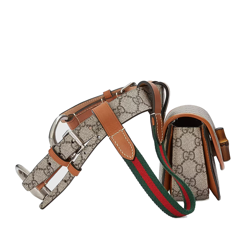商品Gucci|GUCCI/古驰 女士米色经典老花帆布拼接棕色皮革竹子饰面腰包681137UIQEN8288,价格¥17701,第2张图片详细描述