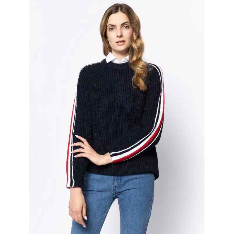 商品Tommy Hilfiger|TOMMY HILFIGER 女士时尚撞色拼接圆领毛衣针织衫  藏青色  WW0WW26549-DW5,价格¥665,第1张图片详细描述