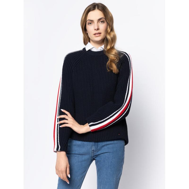 商品Tommy Hilfiger|TOMMY HILFIGER 女士时尚撞色拼接圆领毛衣针织衫  藏青色  WW0WW26549-DW5,价格¥689,第3张图片详细描述