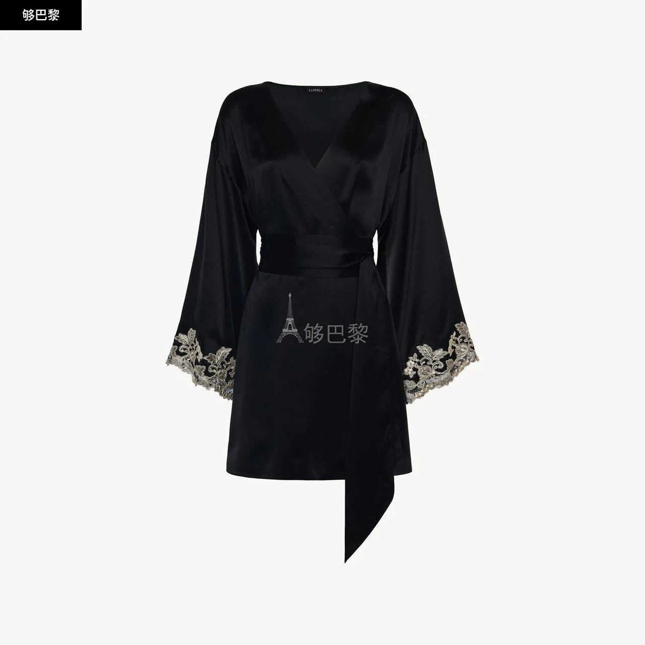 商品La Perla|包邮包税【预售7天发货】 LA PERLA 24春夏 女士 睡袍 Vestaglia corta in raso di seta nero con ricamo a frastaglio CFILPD0019230_DL_NR0202,价格¥9151,第2张图片详细描述