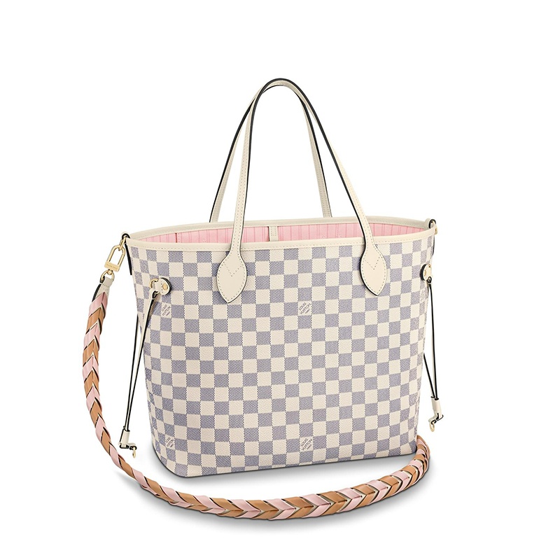 商品Louis Vuitton|预售10天 Louis Vuitton/路易威登 22春夏新款NEVERFULL系列 女士中号天蓝色棋盘格帆布皮革饰边细节金扣配可拆卸小袋多色编织肩带抽绳开合手提托特包N45295,价格¥17308,第4张图片详细描述