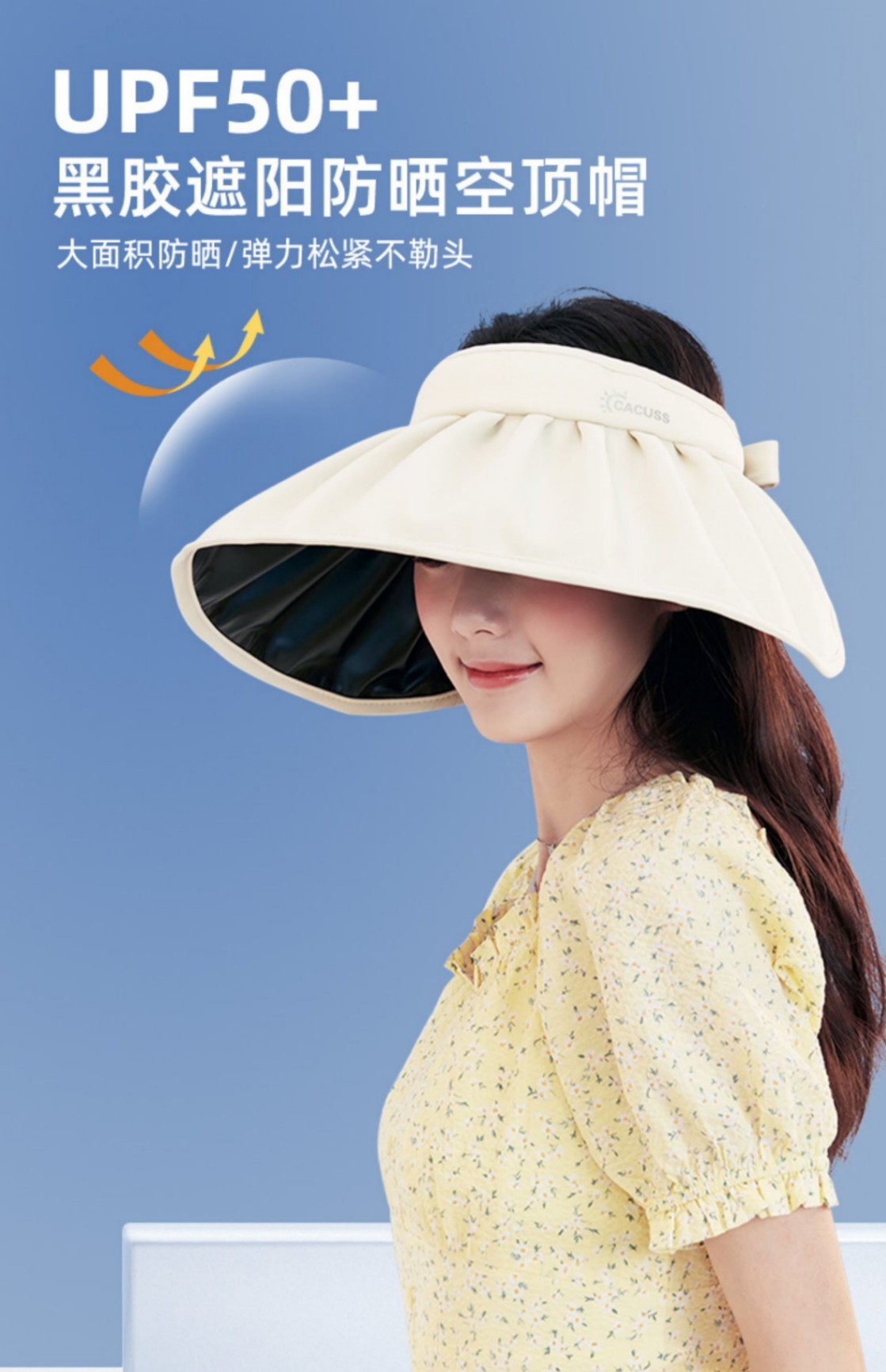 商品[国内直发] CACUSS|黑胶防晒帽女夏季防紫外线空顶帽遮阳帽遮脸贝壳太阳帽大帽檐帽子-KD220005,价格¥105,第1张图片详细描述