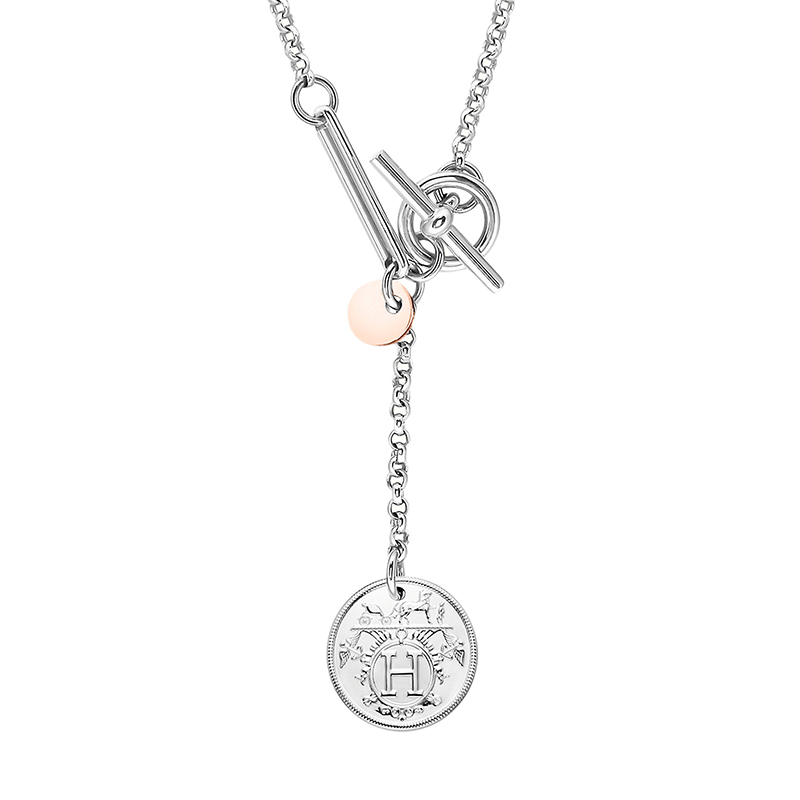 商品Hermes| HERMES/爱马仕 经典Hermès Ex-Libris系列 小号925纯银18K金玫瑰金挂坠环扣式吊坠H120341B,价格¥7592,第3张图片详细描述