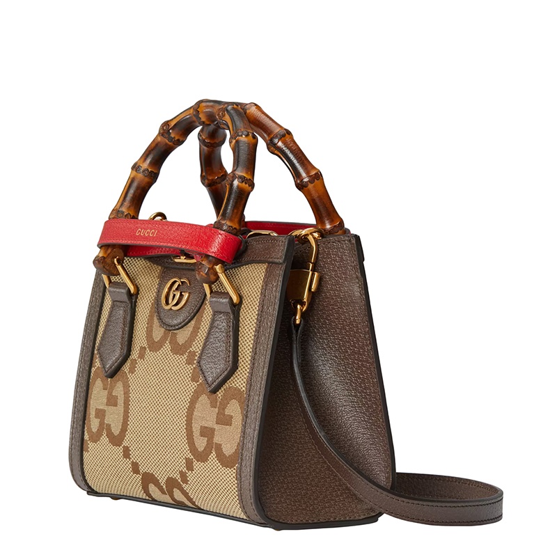 商品Gucci|GUCCI/古驰 22春夏新款Diana系列 女士迷你驼色/乌木色老花帆布配棕色皮革竹节提手配红色饰带金扣单肩斜挎手提包 655661UKMFT2672,价格¥19428,第3张图片详细描述