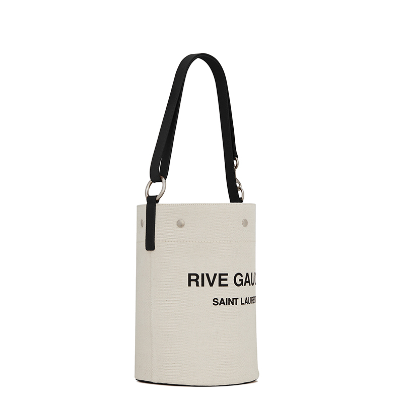 商品Yves Saint Laurent|SAINT LAURENT PARIS/圣罗兰 YSL 22春夏新款RIVE GAUCHE系列 男士白色亚麻配皮黑色徽标印花银扣单肩斜跨手提水桶包,价格¥11292,第6张图片详细描述