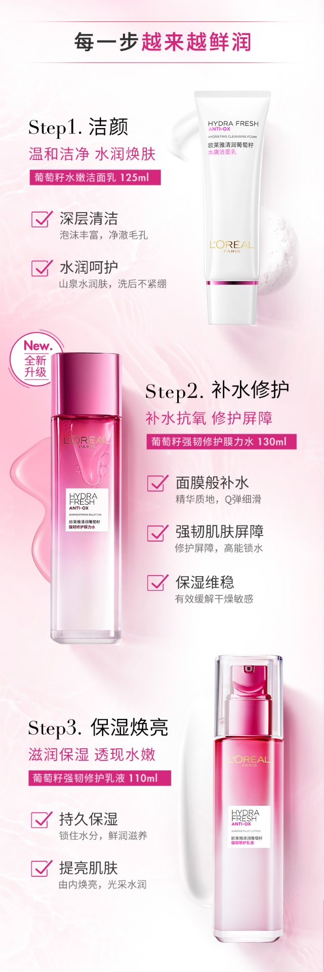 商品L'Oreal Paris|欧莱雅 清润葡萄籽强韧修护护肤品套装 水110ml+乳130ml+面霜50ml 蕴含神经酰胺 修护强韧肌肤屏障 焕亮少女肌,价格¥462,第4张图片详细描述